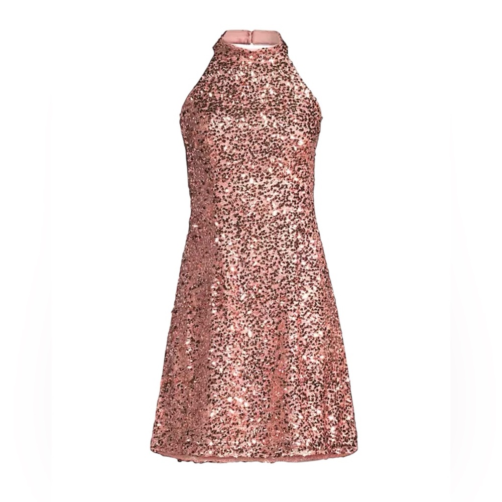 NWT Liv Foster Sequined Short A-Line Cocktail Halter Dress in Bronze 2
